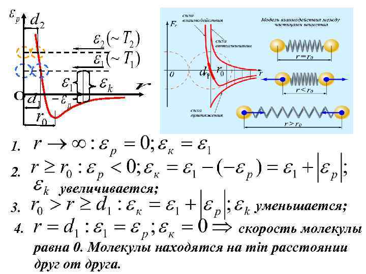 1. 2. увеличивается; 3. 4. уменьшается; скорость молекулы равна 0. Молекулы находятся на min