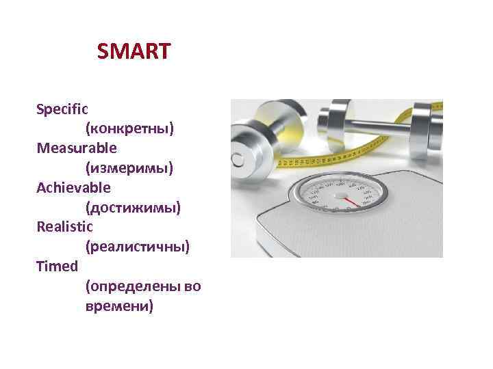 SMART Specific (конкретны) Measurable (измеримы) Achievable (достижимы) Realistic (реалистичны) Timed (определены во времени) 