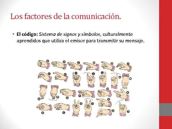 Los factores de la comunicación. • El código: Sistema de signos y símbolos, culturalmente