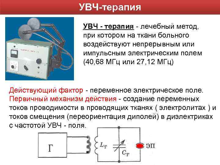 УВЧ-терапия УВЧ - терапия лечебный метод, при котором на ткани больного воздействуют непрерывным или