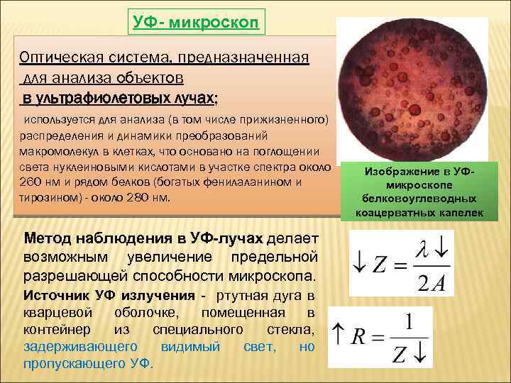 УФ- микроскоп Оптическая система, предназначенная для анализа объектов в ультрафиолетовых лучах; используется для анализа