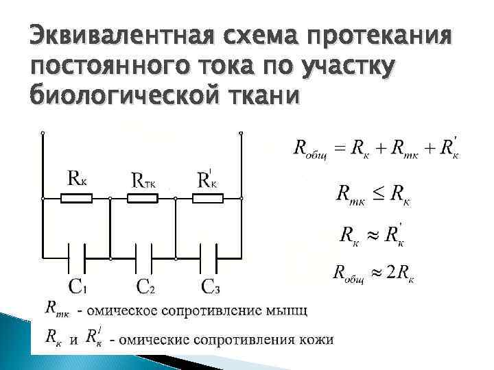 Эквивалентная схема протекания постоянного тока по участку биологической ткани 