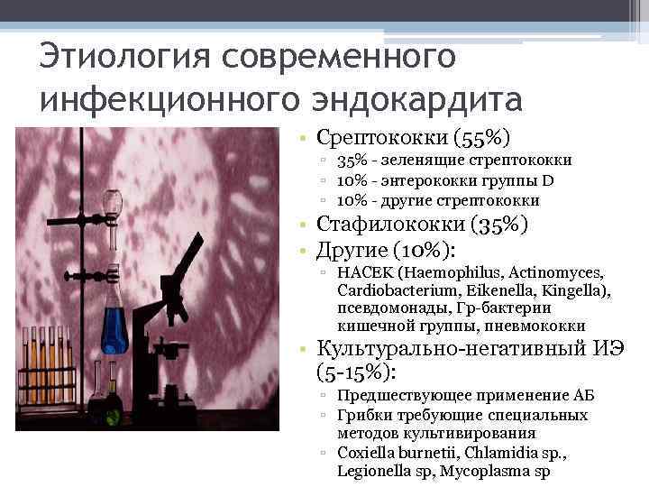 Этиология современного инфекционного эндокардита • Срептококки (55%) ▫ 35% - зеленящие стрептококки ▫ 10%