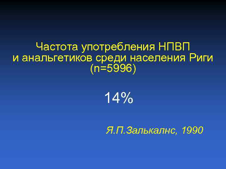 Частота употребления НПВП и анальгетиков среди населения Риги (n=5996) 14% Я. П. Залькалнс, 1990