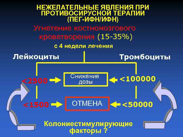 НЕЖЕЛАТЕЛЬНЫЕ ЯВЛЕНИЯ ПРИ ПРОТИВОСИРУСНОЙ ТЕРАПИИ (ПЕГ-ИФН/ИФН) Угнетение костномозгового кроветворения (15 -35%) с 4 недели
