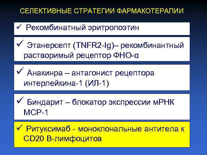 СЕЛЕКТИВНЫЕ СТРАТЕГИИ ФАРМАКОТЕРАПИИ ü Рекомбинатный эритропоэтин ü Этанерсепт (TNFR 2 Ig)– рекомбинантный растворимый рецептор
