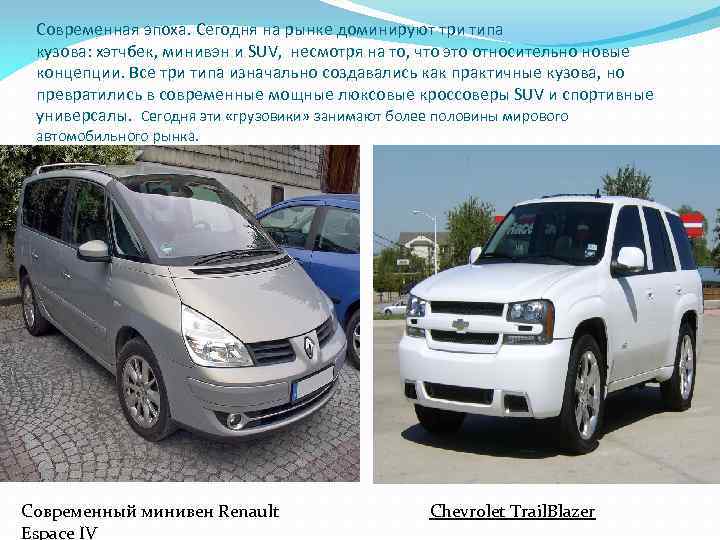 Современная эпоха. Сегодня на рынке доминируют три типа кузова: хэтчбек, минивэн и SUV, несмотря