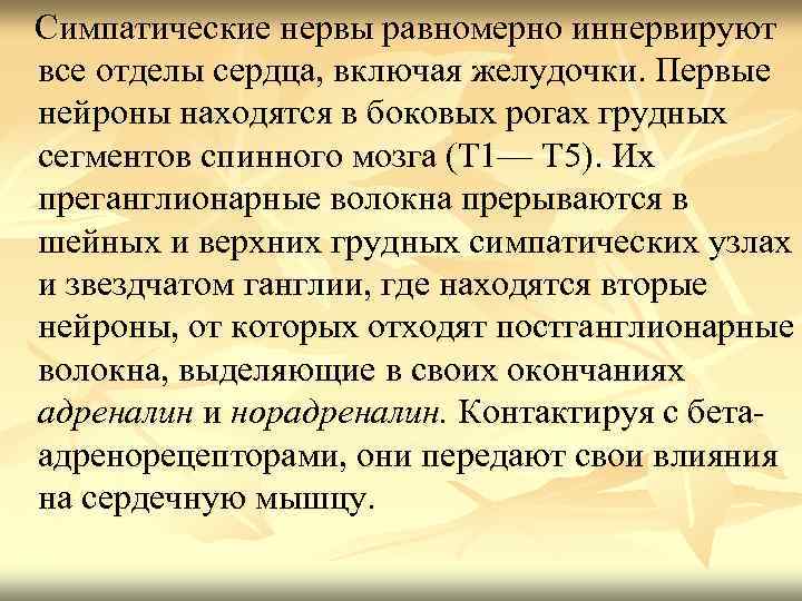 Симпатические нервы равномерно иннервируют все отделы сердца, включая желудочки. Первые нейроны находятся в боковых