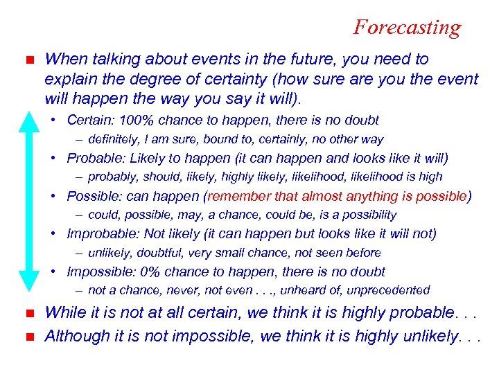 Forecasting n When talking about events in the future, you need to explain the