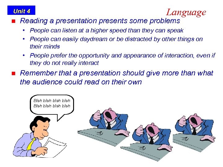 Language Unit 4 n Reading a presentation presents some problems • People can listen
