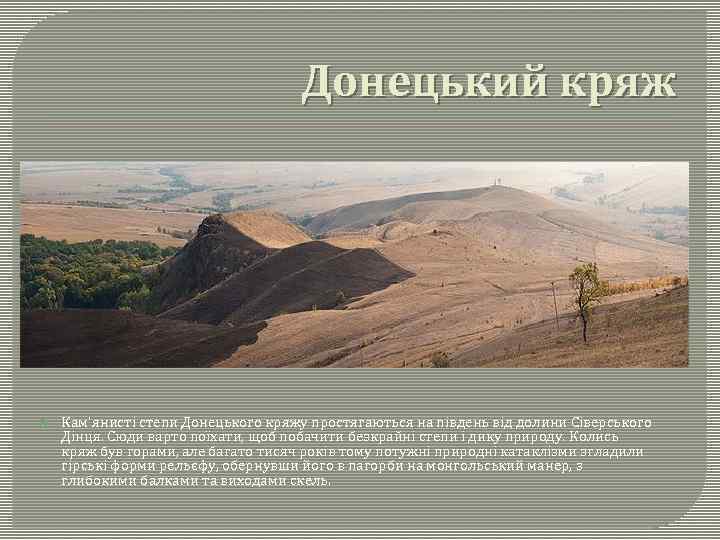 Донецький кряж Кам’янисті степи Донецького кряжу простягаються на південь від долини Сіверського Дінця. Сюди