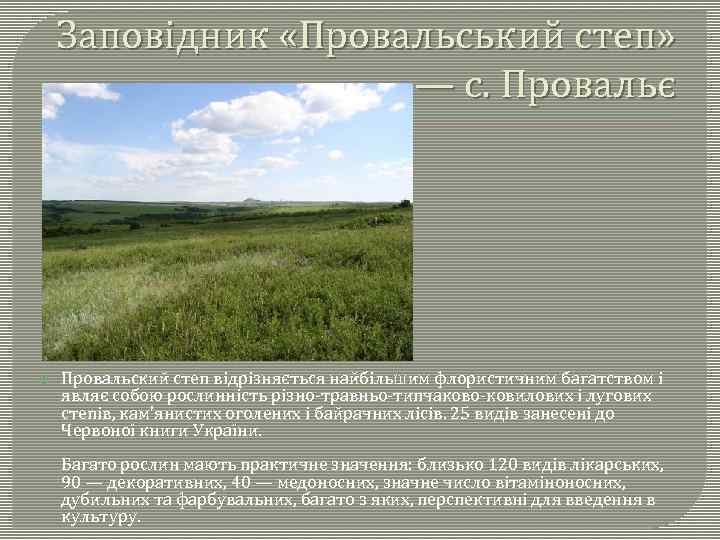 Заповідник «Провальський степ» — с. Провальє Провальский степ відрізняється найбільшим флористичним багатством і являє