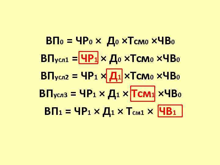 ВП 0 = ЧР 0 × Д 0 ×Тсм 0 ×ЧВ 0 ВПусл 1