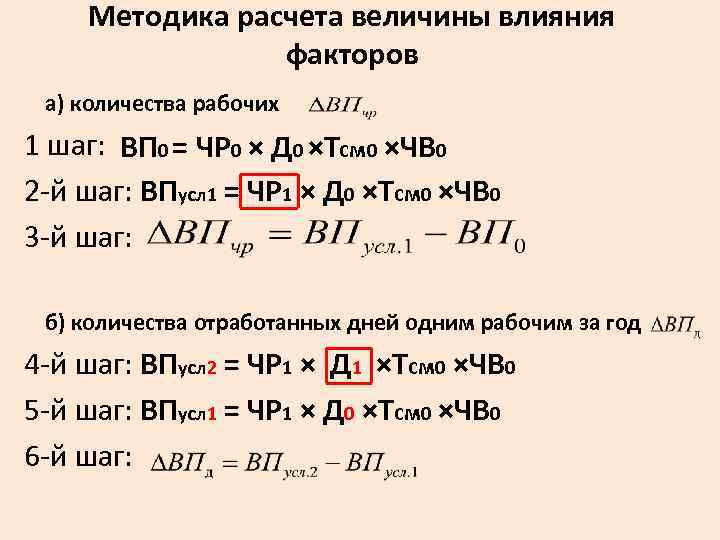 Методика расчета величины влияния факторов а) количества рабочих 1 шаг: ВП 0 = ЧР