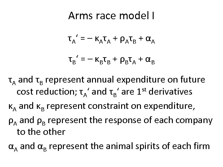 Arms race model I τA‘ = – κAτA + ρAτB + αA τB‘ =