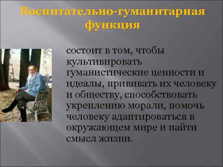 Воспитательно-гуманитарная функция состоит в том, чтобы культивировать гуманистические ценности и идеалы, прививать их человеку