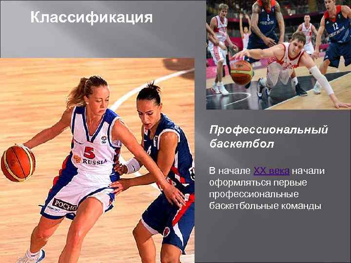 Классификация Профессиональный баскетбол В начале XX века начали оформляться первые профессиональные баскетбольные команды 