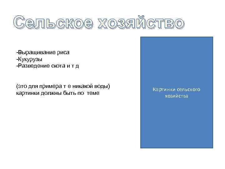 Сельское хозяйство -Выращивание риса -Кукурузы -Разведение скота и т д (это для примера т