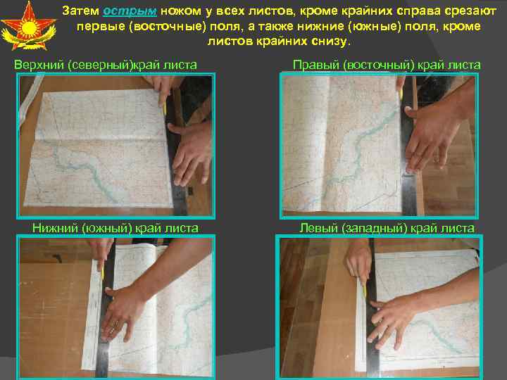 Затем острым ножом у всех листов, кроме крайних справа срезают первые (восточные) поля, а
