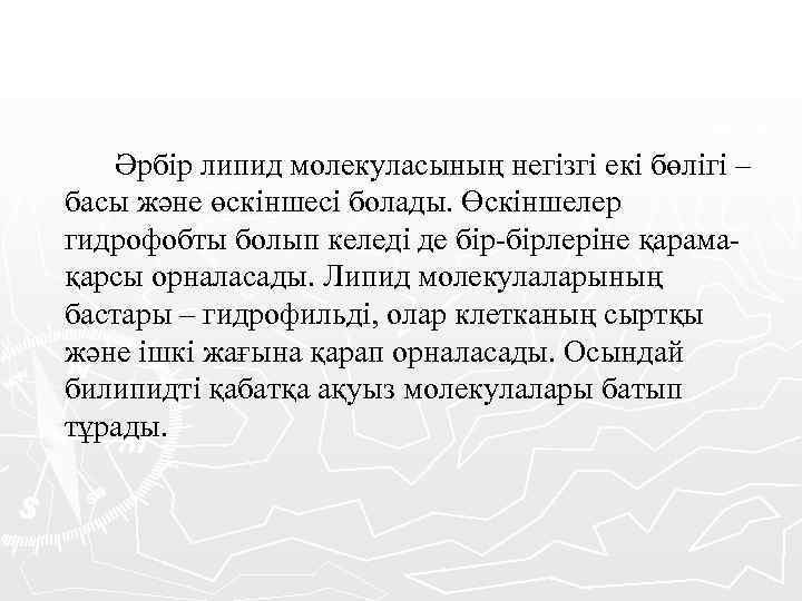 Әрбір липид молекуласының негізгі екі бөлігі – басы және өскіншесі болады. Өскіншелер гидрофобты болып