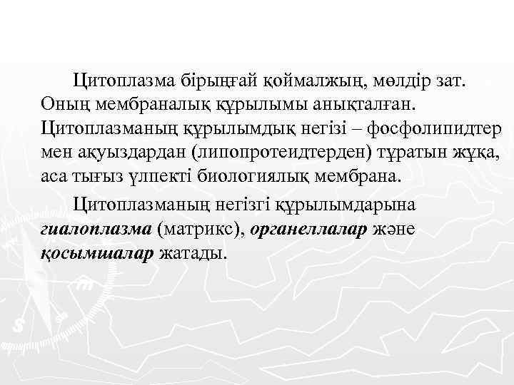 Цитоплазма бірыңғай қоймалжың, мөлдір зат. Оның мембраналық құрылымы анықталған. Цитоплазманың құрылымдық негізі – фосфолипидтер