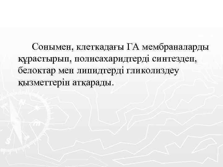 Сонымен, клеткадағы ГА мембраналарды құрастырып, полисахаридтерді синтездеп, белоктар мен липидтерді гликолиздеу қызметтерін атқарады. 