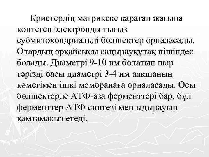 Кристердің матрикске қараған жағына көптеген электронды тығыз субмитохондриальді бөлшектер орналасады. Олардың әрқайсысы саңырауқұлақ пішіндес