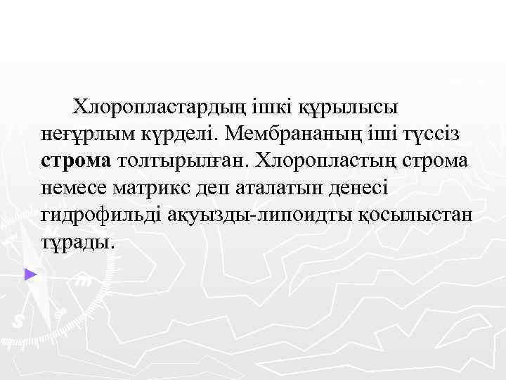 Хлоропластардың ішкі құрылысы неғұрлым күрделі. Мембрананың іші түссіз строма толтырылған. Хлоропластың строма немесе матрикс
