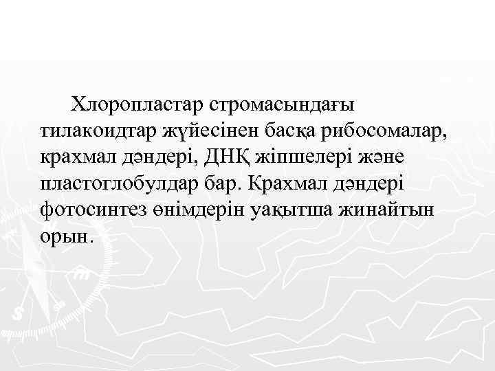 Хлоропластар стромасындағы тилакоидтар жүйесінен басқа рибосомалар, крахмал дәндері, ДНҚ жіпшелері және пластоглобулдар бар. Крахмал