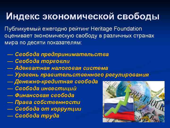 Индекс экономической свободы Публикуемый ежегодно рейтинг Heritage Foundation оценивает экономическую свободу в различных странах