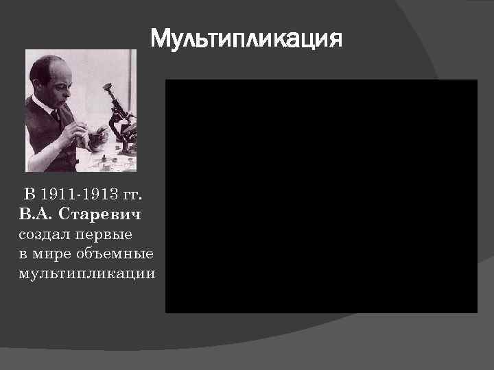 Мультипликация В 1911 -1913 гг. В. А. Старевич создал первые в мире объемные мультипликации