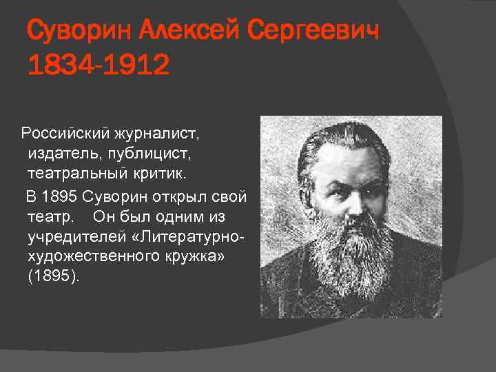 Суворин Алексей Сергеевич 1834 -1912 Российский журналист, издатель, публицист, театральный критик. В 1895 Суворин