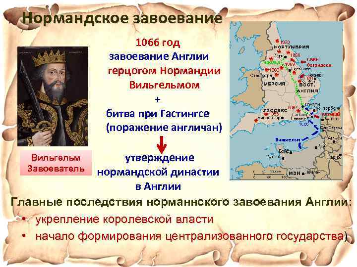 Нормандское завоевание 1066 год завоевание Англии герцогом Нормандии Вильгельмом + битва при Гастингсе (поражение