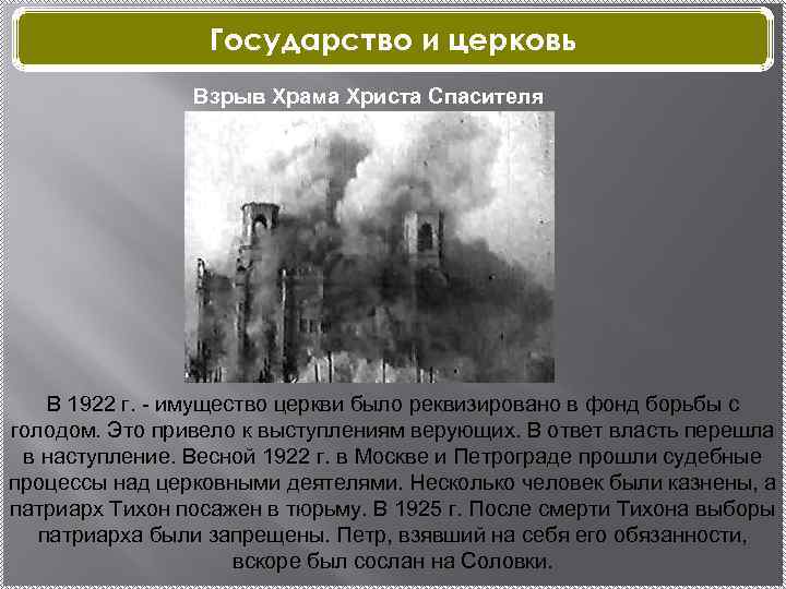 Государство и церковь Взрыв Храма Христа Спасителя В 1922 г. - имущество церкви было