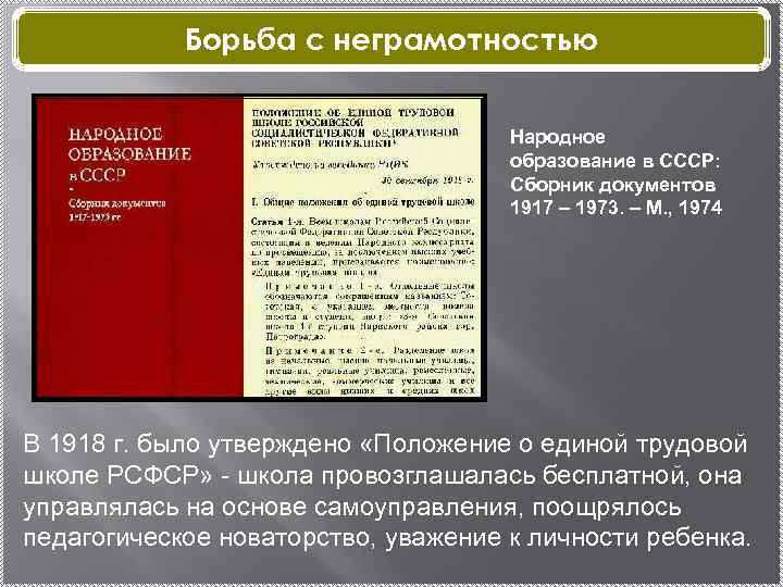 Борьба с неграмотностью Народное образование в СССР: Сборник документов 1917 – 1973. – М.