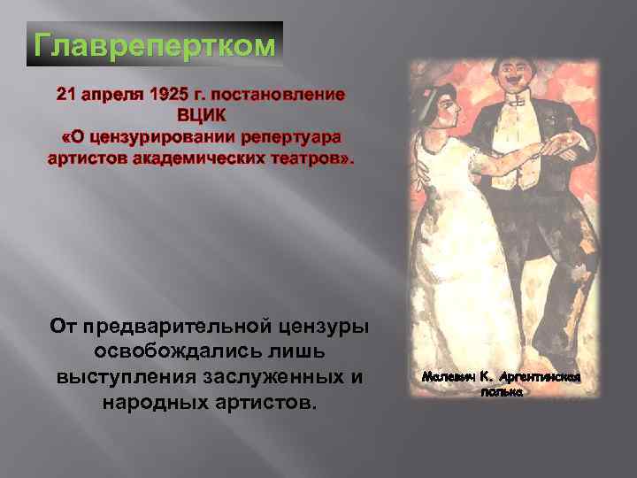 Главрепертком 21 апреля 1925 г. постановление ВЦИК «О цензурировании репертуара артистов академических театров» .