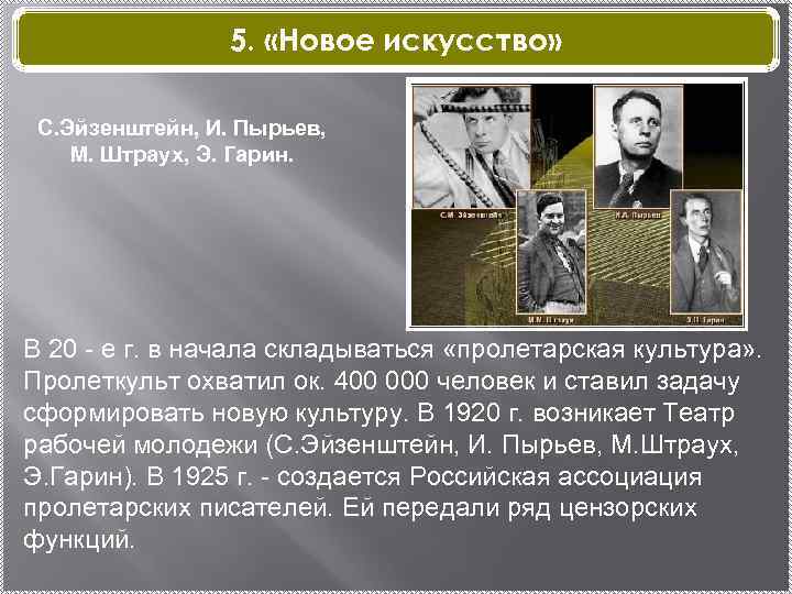 5. «Новое искусство» С. Эйзенштейн, И. Пырьев, М. Штраух, Э. Гарин. В 20 -