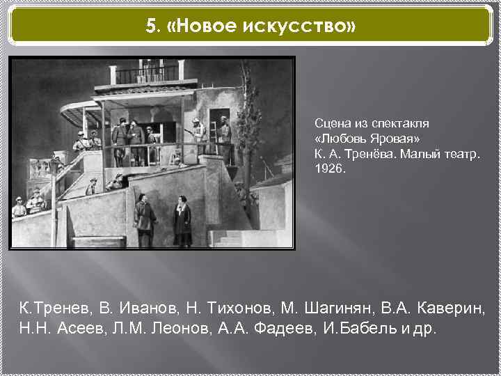 5. «Новое искусство» Сцена из спектакля «Любовь Яровая» К. А. Тренёва. Малый театр. 1926.