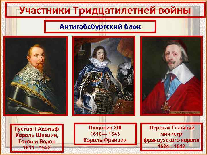 Участники Тридцатилетней войны Антигабсбургский блок Густав II Адольф Король Швеции, Готов и Ведов 1611
