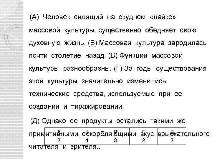 (А) Человек, сидящий на скудном «пайке» массовой культуры, существенно обедняет свою духовную жизнь. (Б)