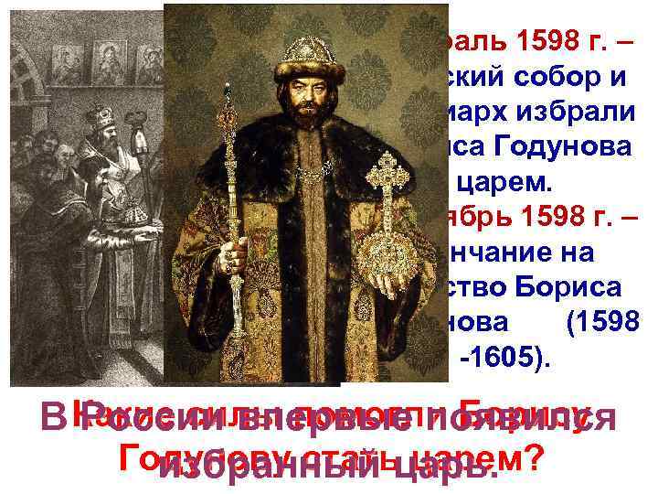 Февраль 1598 г. – Земский собор и патриарх избрали Бориса Годунова царем. Сентябрь 1598