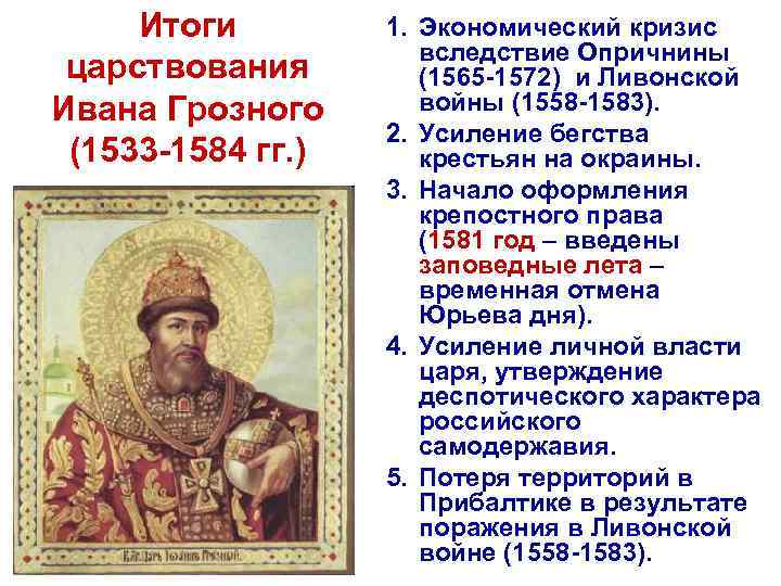 Итоги царствования Ивана Грозного (1533 -1584 гг. ) 1. Экономический кризис вследствие Опричнины (1565