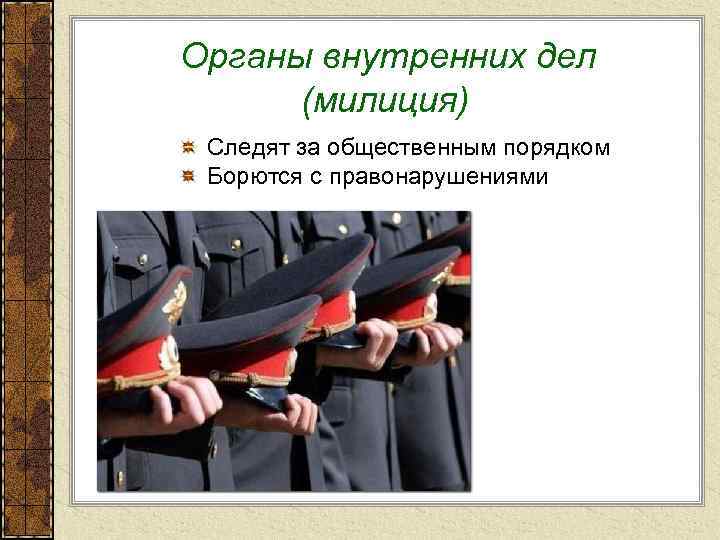  Органы внутренних дел (милиция) Следят за общественным порядком Борются с правонарушениями 