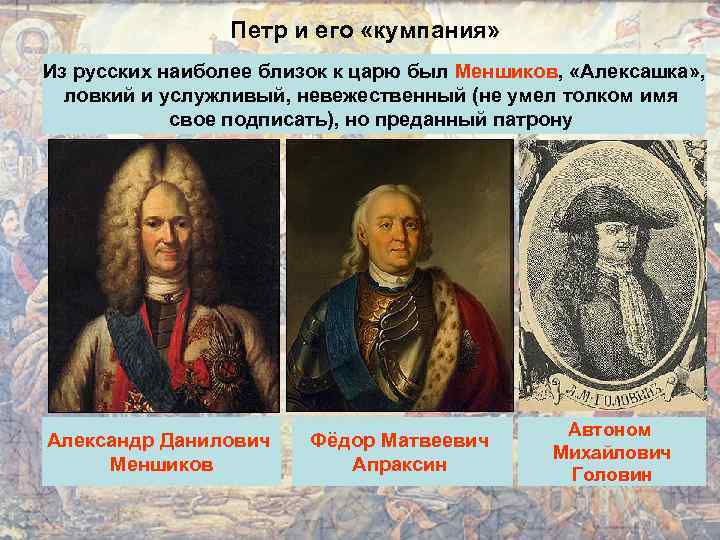 Петр и его «кумпания» Из русских наиболее близок к царю был Меншиков, «Алексашка» ,