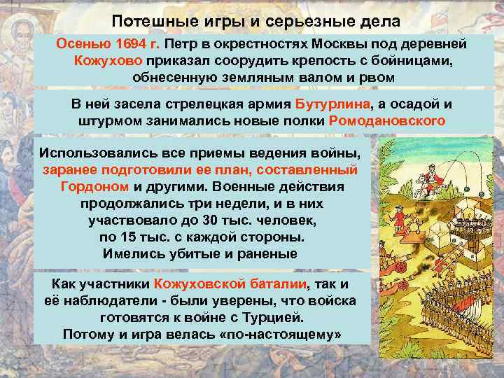 Потешные игры и серьезные дела Осенью 1694 г. Петр в окрестностях Москвы под деревней