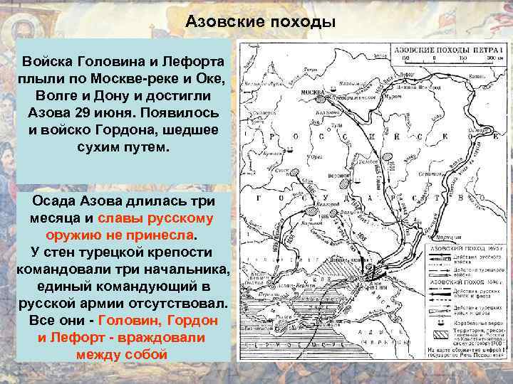 Азовские походы Войска Головина и Лефорта плыли по Москве-реке и Оке, Волге и Дону