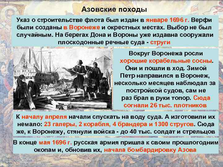  Азовские походы Указ о строительстве флота был издан в январе 1696 г. Верфи