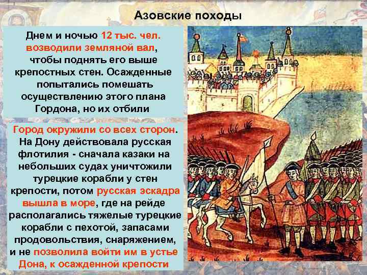  Азовские походы Днем и ночью 12 тыс. чел. возводили земляной вал, чтобы поднять