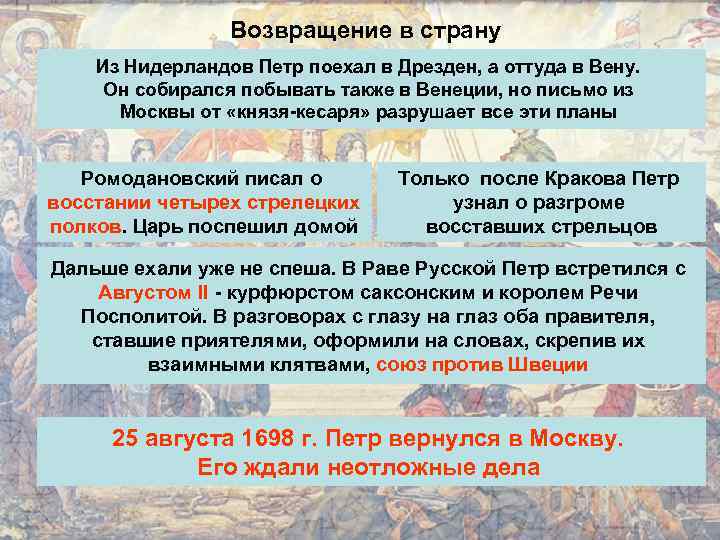 Возвращение в страну Из Нидерландов Петр поехал в Дрезден, а оттуда в Вену. Он