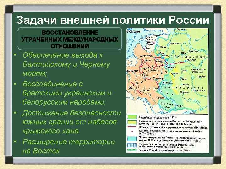 Задачи внешней политики России • Обеспечение выхода к Балтийскому и Черному морям; • Воссоединение